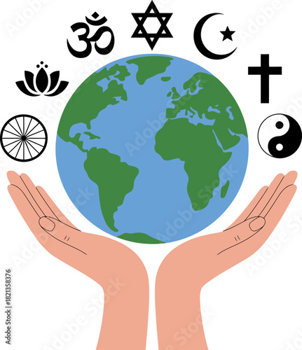 Hands holding planet Earth with diverse religious symbols