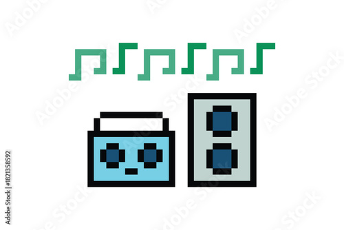 Cute pixel cartoon 8bit radio music stereo transistor volume speaker decoration transistor radio sound vintage 8 bit pixel art game 8bit vector.