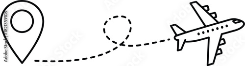 Airplane route with location pin hand drawn style vector illustration