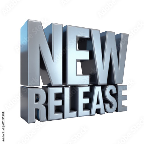 A striking 3D metallic silver render of the words 'NEW RELEASE' prominently displayed, signaling an upcoming product launch or significant announcement. background removed