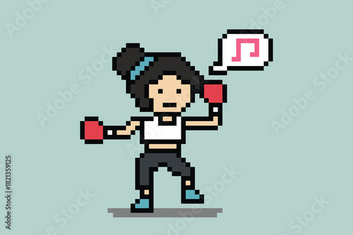 Cartoon 8 bit woman punch boxing jab exercise with active lifestyle girl home workout gym fitness boxer decor.