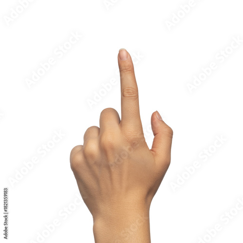 A human hand with index finger extended upwards, poised to touch, point, or interact with an unseen virtual element, screen, or button. background removed