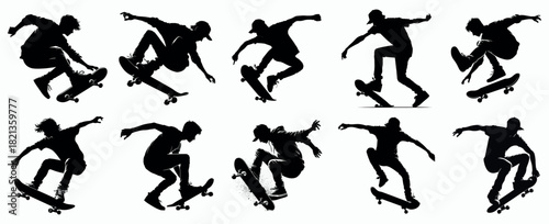 Skateboarding Silhouettes Set with Dynamic Poses for Sports and Youth Culture