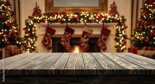 Rustic Wooden Table Product Shot with Blurred Christmas Fireplace Background