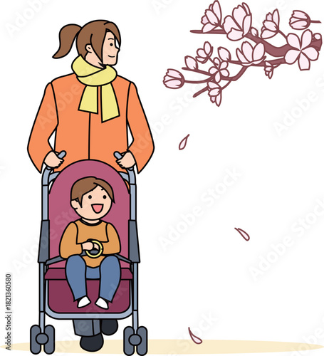 桜の下をベビーカーで散歩する母子