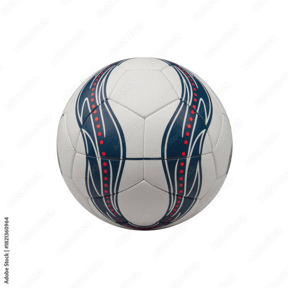 Fototapeta premium A pristine white soccer ball with modern dark blue and red patterned panels and red dots, isolated on a solid transparent background. background removed