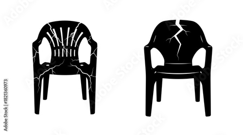Two broken black plastic chairs with cracks on transparent background  