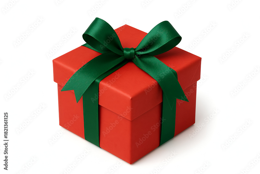 Obraz premium Red gift box with green ribbon isolated on white background