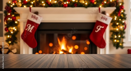 Warm christmas scene with decorated fireplace, stockings, and wooden table