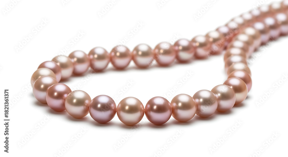 Obraz premium Luxurious strand of natural pink freshwater pearls arranged in a graceful curve isolated on a clean white background. 