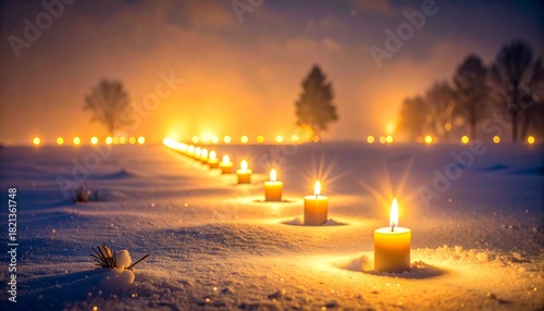 Long row of glowing candles illuminating a snowy path in a winter landscape, capturing the serene and luminous procession of St. Lucia Day.