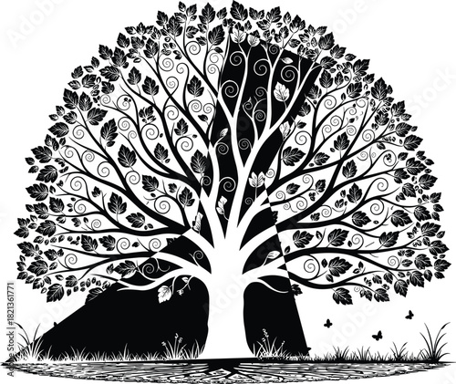 Stylized Black and White Tree of Life Vector Illustration, Featuring Intricate Curled Branches, Full Foliage, Detailed Roots, and Butterflies on the Ground, Representing Growth and Nature.