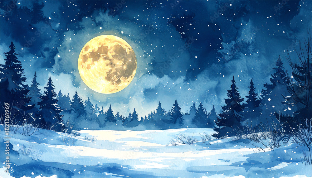 Naklejka premium 満月の夜の雪降る森_generated by AI