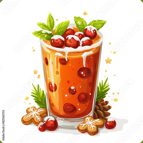 Vector illustration of a tall glass of winter berry dessert drink with whipped cream, mint leaves, cranberries, cookies, pine cone. Vector illustration of winter beverage on a white background