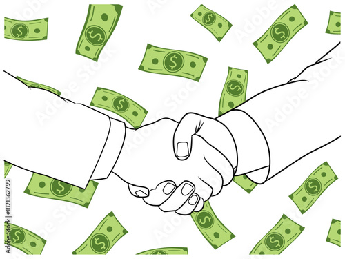 A powerful business illustration of a handshake sealing a deal, surrounded by falling money. Perfect for designs that convey investment, financial agreements, success, or wealth in a partnership