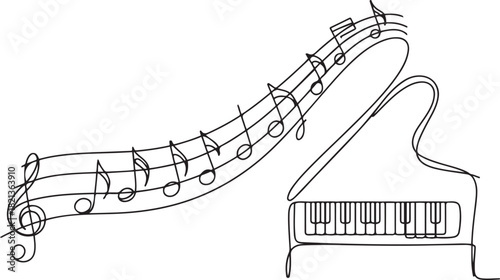Music notes continuous line drawing with piano. one line Icon drawing with white background