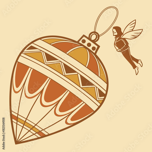 Stylized teardrop Christmas ornament with geometric patterns and hanging loop