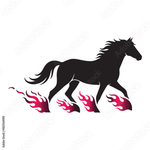 Black Horse Silhouette with Red Flame Hooves Vector Design