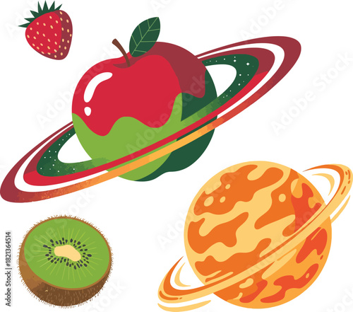 Red apple planet with rings and kiwi slice space fruit