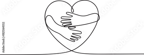 hands embracing heart with love vector illustrator, continuous one line drawing of hug love symbol. one line Icon drawing with white background