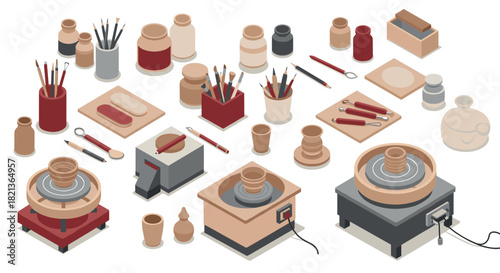 Isometric pottery studio tools and equipment for creative ceramics crafting