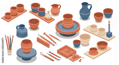 Modern pottery making flat design studio with tools and equipment