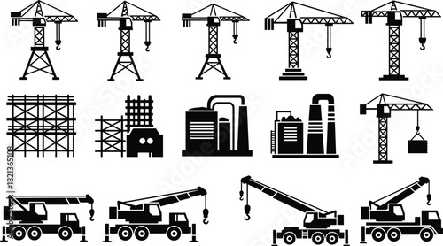 Construction crane and heavy machinery icons featuring tower cranes, truck cranes, scaffolding structures, industrial buildings, and engineering equipment for construction industry design