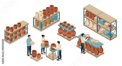 Isometric pottery workshop with shelves and workers in a ceramic studio