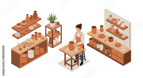 Isometric pottery workshop scene with artisan and clay vessels on shelves