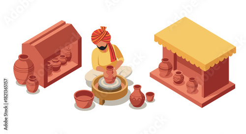 Isometric potter crafting clay pottery in traditional market scene