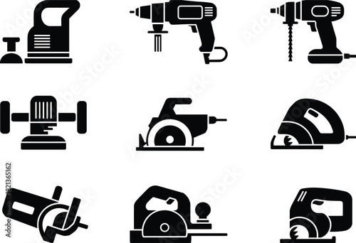 Collection of power tool silhouettes including drills, grinders, sanders, and circular saws, essential equipment for construction, woodworking, repair, and industrial work