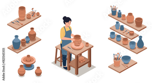Isometric pottery workshop with artisan crafting ceramic vases on a wheel
