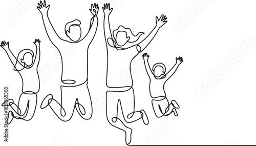 Happy Family Jumping One Line Drawing for Wellness Brand. one line Icon drawing with white background