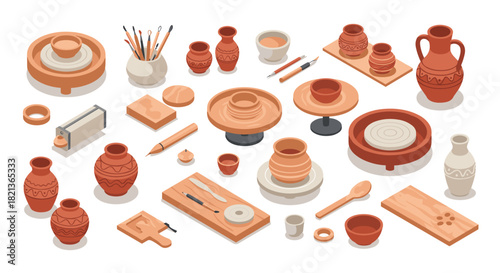 Ceramic pottery tools and vessels in isometric style on white background