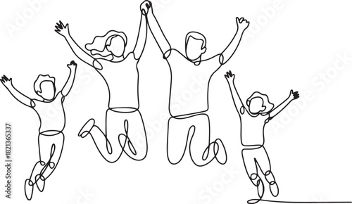 Happy Family Jumping One Line Drawing for Wellness Brand. one line Icon drawing with white background