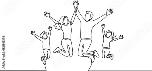 Happy Family Jumping One Line Drawing for Wellness Brand. one line Icon drawing with white background
