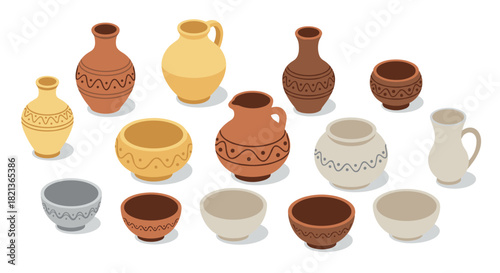 Isometric ceramic pottery collection with various clay vessels and decorative patterns