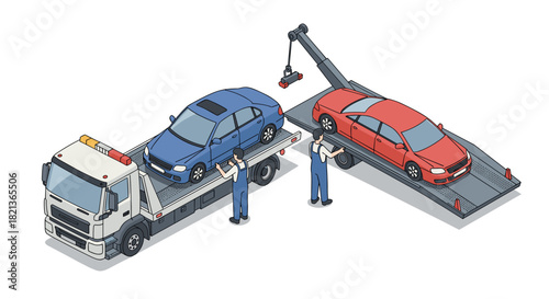 Isometric tow truck loading cars with workers for vehicle transportation and roadside assistance