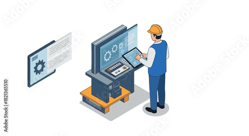 Construction equipment and boats in isometric style for infrastructure projects