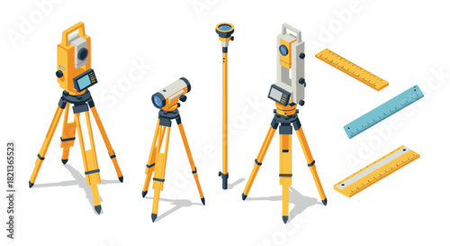 Isometric construction crew pouring concrete foundation scene