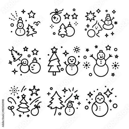 Crayon kids scribble. Fir tree decorations, Cute line doodle Merry Christmas and Happy New year simple hand drawn icons set. Xmas bubble, snowman, stars, sparks, glitter, confetti. Festive background