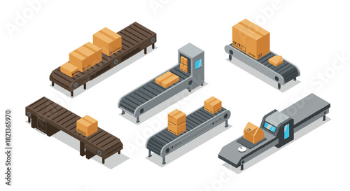 Isometric conveyor belt system with cardboard packages for industrial warehousing