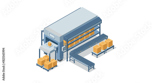 Isometric conveyor belt and packaging machine in modern warehouse