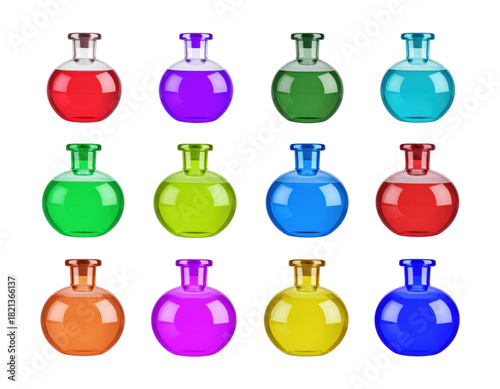A collection of 3D potion bottles, different shapes, colorful liquids, translucent glass, isolated on transparent background, PNG