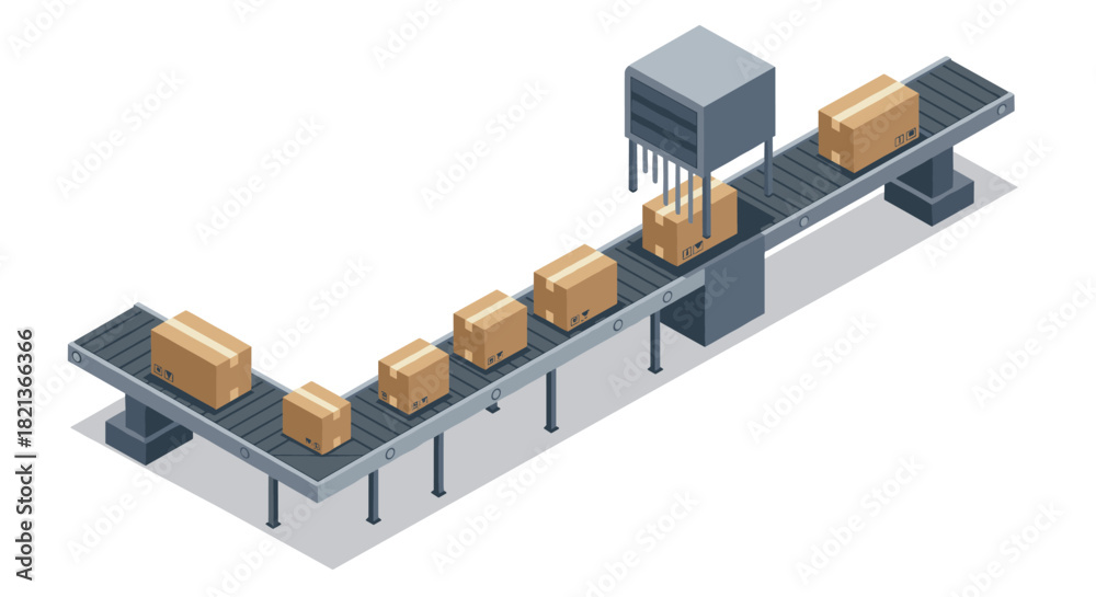 Obraz premium Isometric conveyor belt with moving packages in modern industrial setting