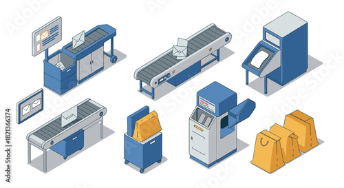 Isometric mail sorting center with conveyors and letter processing machines