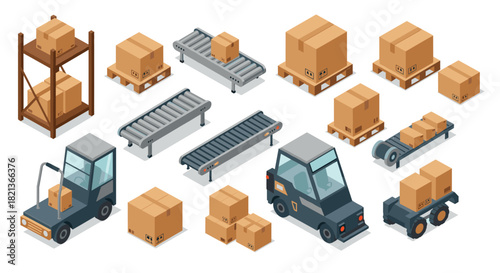 Isometric warehouse elements forklift, conveyor, pallets, and cardboard boxes