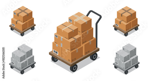 Isometric cart trolley with cardboard and delivery boxes on white background