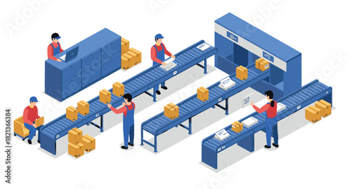 Isometric warehouse efficient package sorting and shipping process unfolds