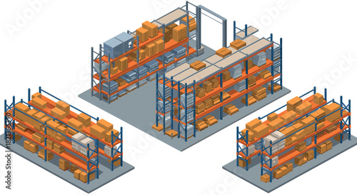 Isometric warehouse storage racks with cardboard boxes and shelving units